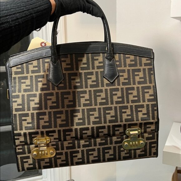 Fendi Handbags - Fendi Black and Tan Monogram Satchel